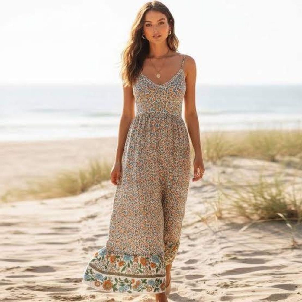 Natural Life Multicolor Floral Wide Leg Maxi Jumpsuit XS Festival Boho Cottage